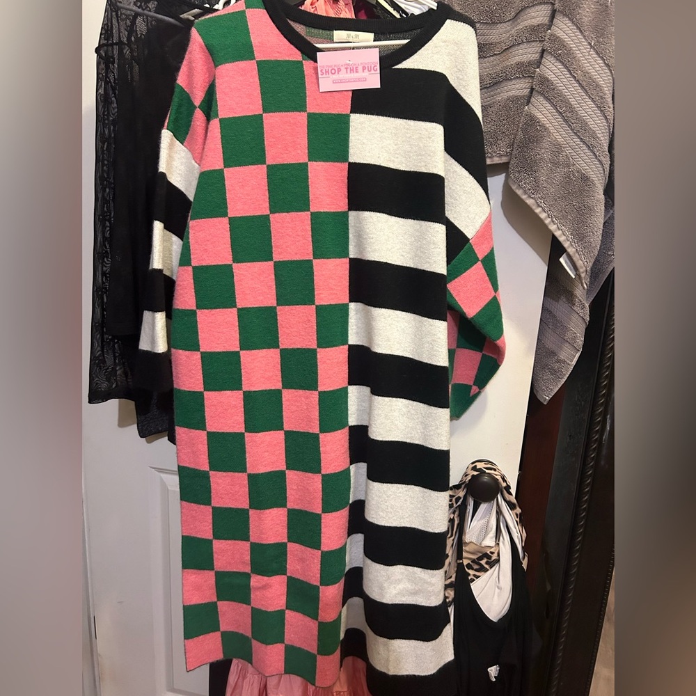Colorful Checkered and Striped Sweater Dress